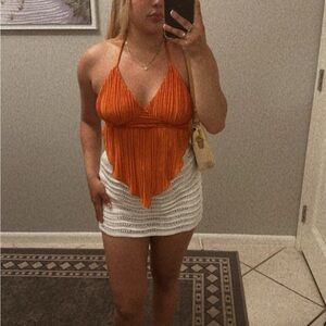 Sexy open back texture pressed pleated orange camisole top